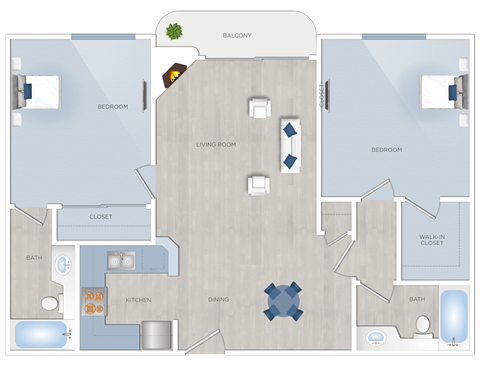 Floor plan for 2 beds, 2 baths, 860 sqft